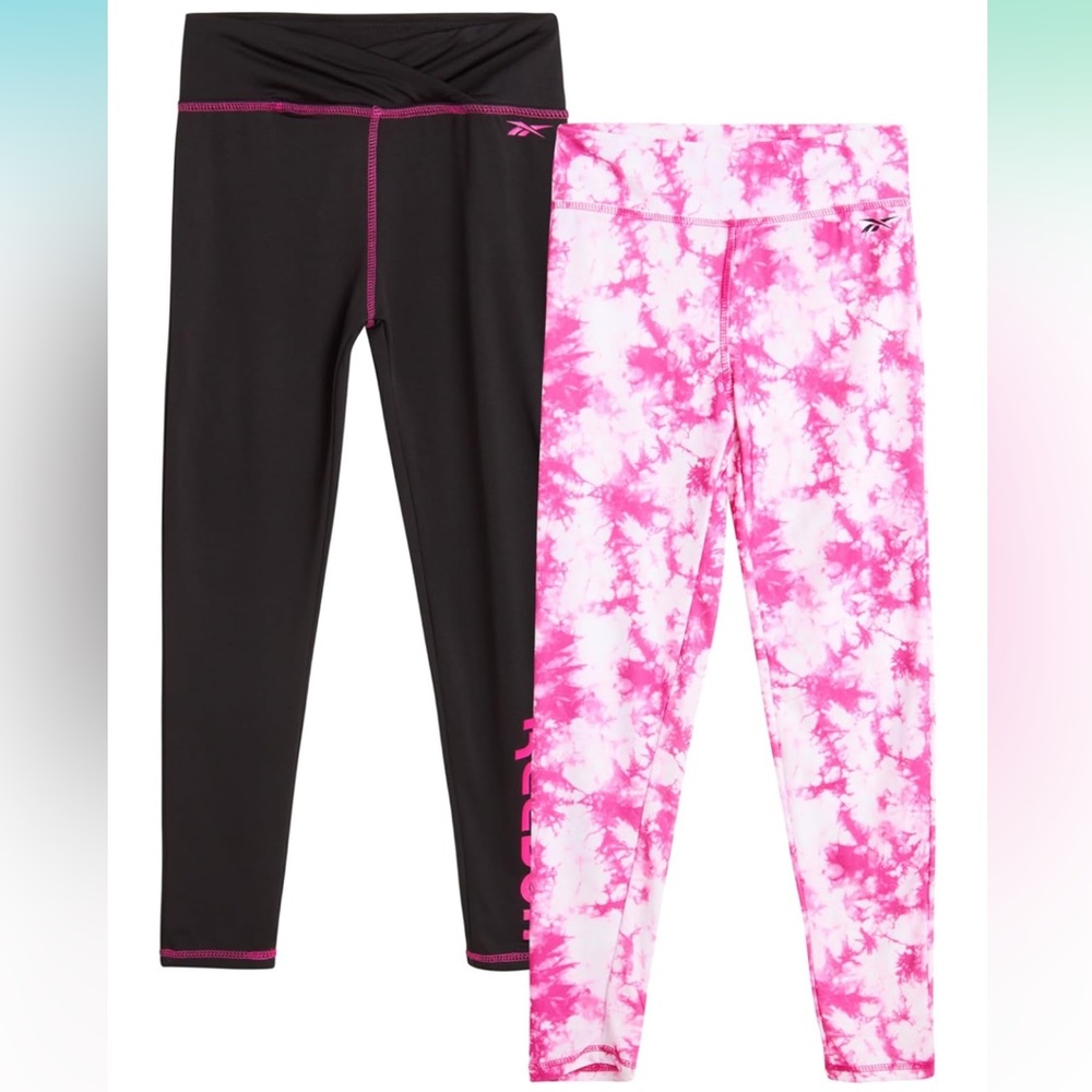 NWT Reebok Kids Leggings 2-Pack: Pink & Black Tie-Dye & Seam-Accent Duo (8/10)